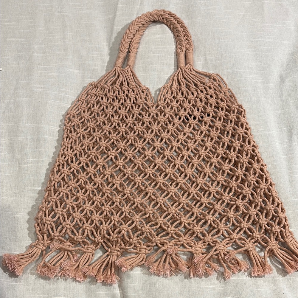 THE BABE COLLECTION Tan Tote with Intricate Macrame Design